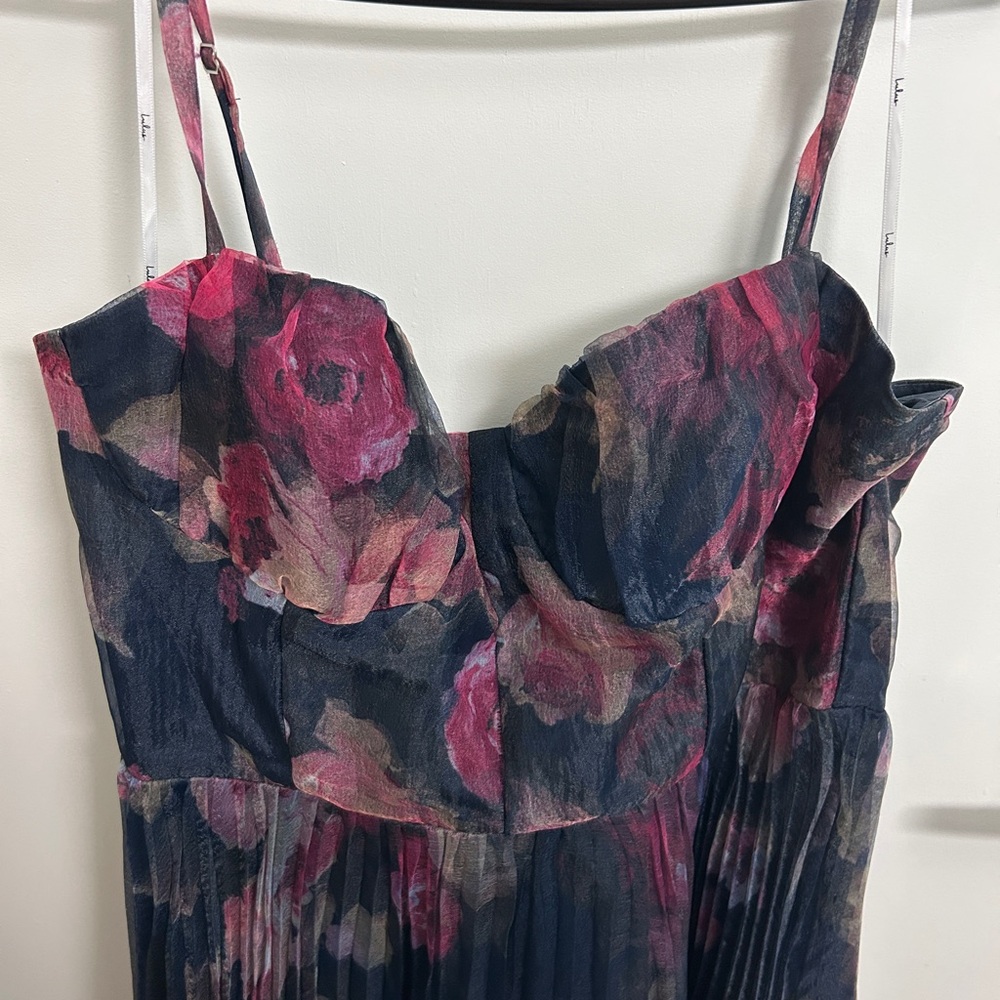 ππ©· Lulus Alluring Invite Midnight Blue Floral Pleated Bustier Dress - XL ππ©· - Picture 7 of 10